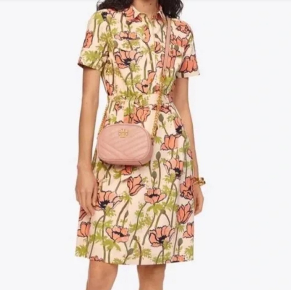 Tory Burch Poplin Shirt Dress Pink Poppies Bloom 573 0419
